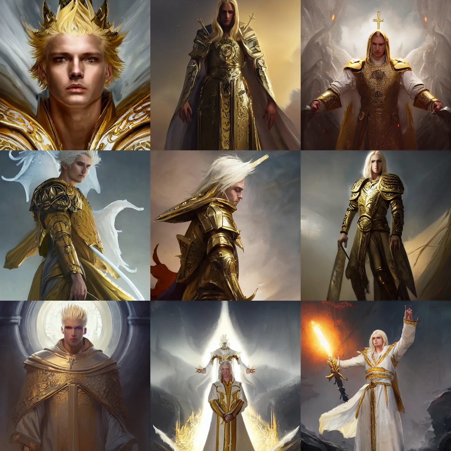 Prompt: dramatic masterpiece Greg Rutkowski closeup of an aasimar man with platinum blonde hair wearing white and gold vestments under armor casting a holy ritual with golden magic on a battlefield, detailed, dynamic pose realistic, 4k, pensive, dungeons and dragons, dramatic lighting, trending on Artstation, sharp focus, elegant