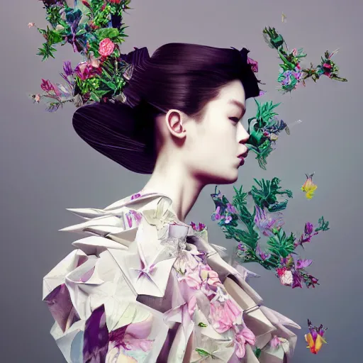 Image similar to 3 / 4 view of a beautiful girl wearing an origami dress, eye - level medium shot, fine floral ornaments in cloth and hair, hummingbirds, elegant, by eiko ishioka, givenchy, nobuyoshi araki, by peter mohrbacher, centered, fresh colors, origami, fashion, detailed illustration, vogue, japanese, reallusion character creator