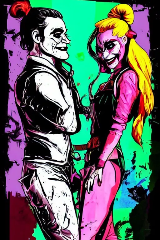 Image similar to joaquin phoenix as joker and lady gaga as harley quinn, fix duplicate content!, fix broken content!, violet polsangi pop art, gta chinatown wars art style, bioshock infinite art style, incrinate, realistic anatomy, hyperrealistic, two colors, white frame, content balance proportion