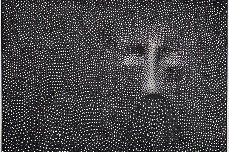 Image similar to face made out of mist, faceless people dark, dots, drip, stipple, pointillism, technical, abstract, minimal, style of francis bacon, asymmetry, pulled apart, cloak, hooded figure, made of dots, abstract, balaclava