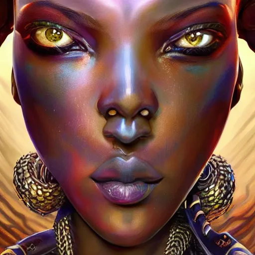 Image similar to african guild of thieves, science fiction, highly detailed, digital painting, beautiful eyes, symmetry, concept art, sharp focus, illustration, global illumination, radiant light, synthwave colors, detailed and intricate environment, art by artgerm and greg rutkowski and magali villeneuve and ilya kuvshinov!