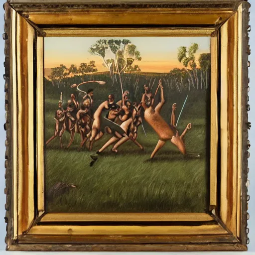 Image similar to a oil painting of aboriginal australians hunting kangaroos