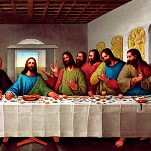 Image similar to in The Last Supper, Jesus is eating a large delicious hamburger that has a beef patty, lettuce, and tomato