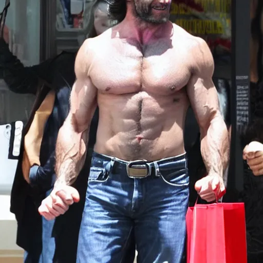 Prompt: photo of wolverine Hugh jackman in full X-men costume grocery shopping