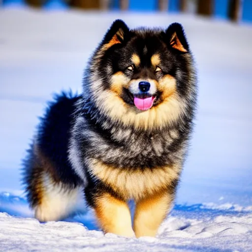 Image similar to happy finnish lapphund dog, black brown and white fur, snow, trees, in the style of a pixar character, 4 k, animation, funny, movie