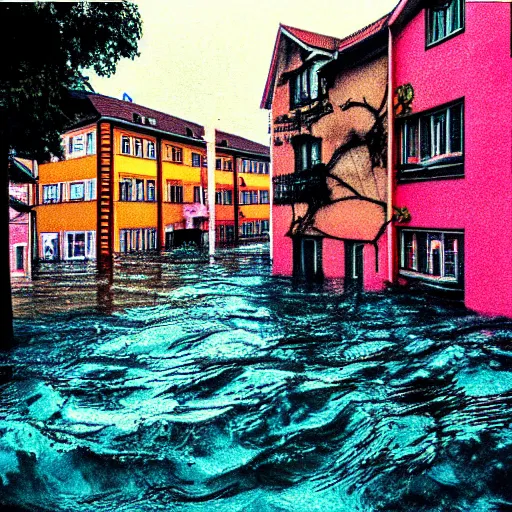 Prompt: 80s vaporwave outrun Album Art of a german town being flooded, retro, grainy, noisy