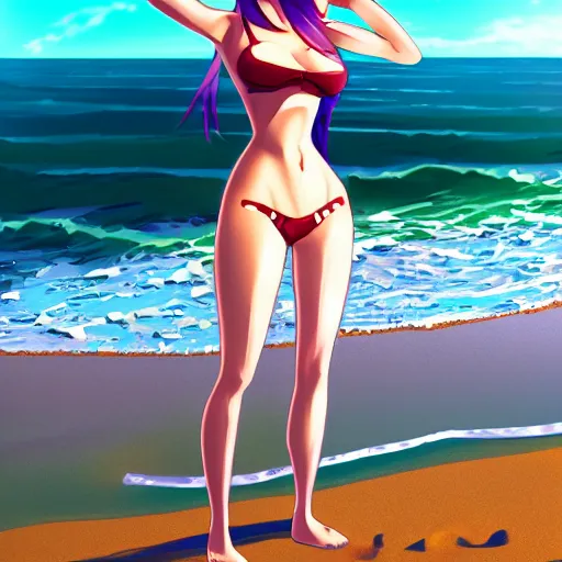 Image similar to smug anime girl at a beach, full body portrait, extremely detailed, pretty, sunny, sparkling sand, waves, lush, cinematic lighting, anime,