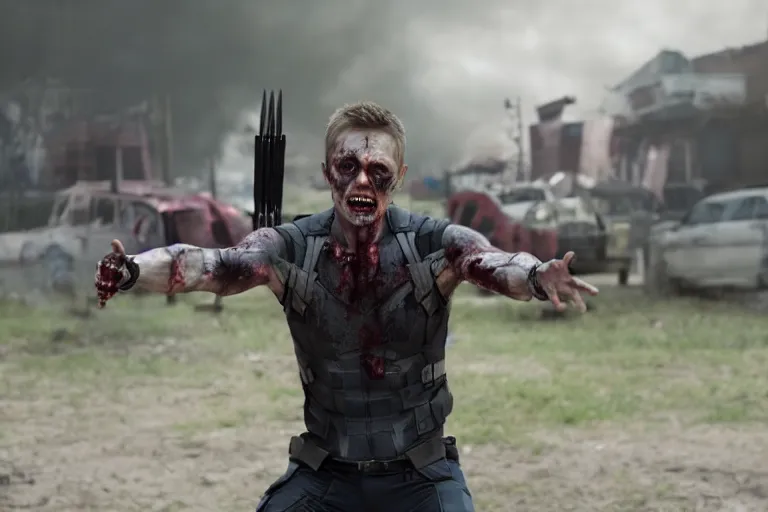 Image similar to film still of Hawkeye as a zombie in new avengers movie, 4k