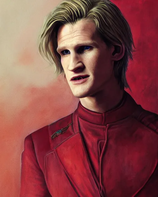 Image similar to detailed painting of matt smith with a long pale blond hair and fantasy noble red clothes, fantasy, game of thrones, targaryen, horror, ethereal, greg rutkowski, magali villeneuve and monet