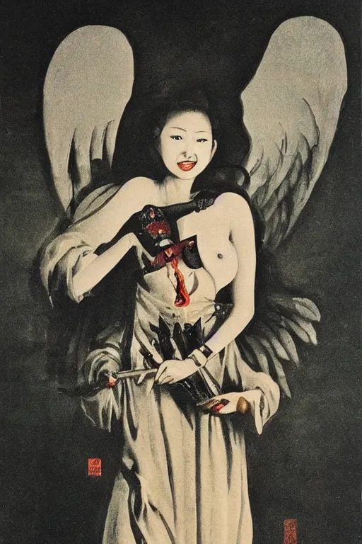 Prompt: angel of death smiling in the dark night, art by takeshi ohbata, tsugumi ohba, takeshi miike, raden saleh