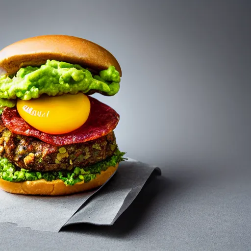 Image similar to juicy vegan hamburger with guacamole topping and crispy fried onion topping and a fried egg topping, crispy buns, 8 k resolution, professional food photography, studio lighting, sharp focus, hyper - detailed