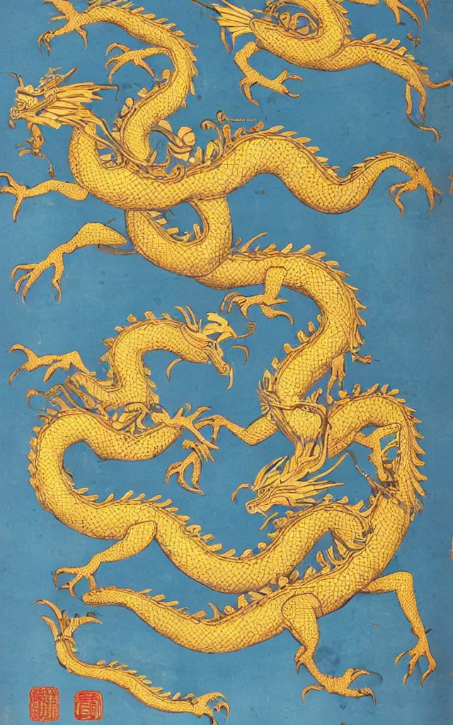 Image similar to a chinoiserie poster depicting a golden dragon