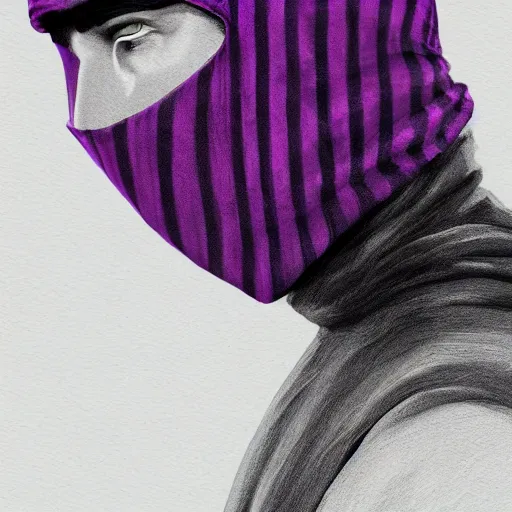 Image similar to ultra realistic illustration, man in a black hood, in a striped purple balaclava, mysterious, highly detailed, digital painting, artstation, concept art, smooth, sharp focus, illustration