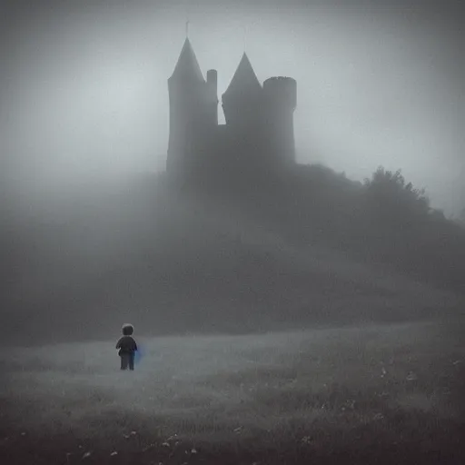 Image similar to a dark vallcy with a huge gloomy castle, fog. a little boy and a black cat