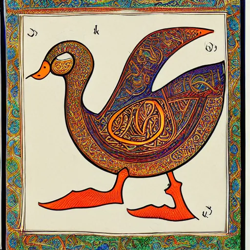 Prompt: book of kells, illustration of a duck, dye on calfskin vellum