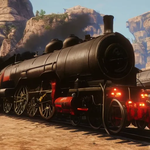 Image similar to futuristic sleek steam locomotive in red dead redemption 2