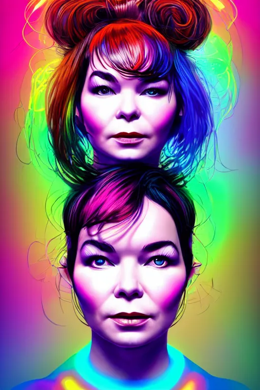 Prompt: a award winning portrait of the musician bjork, beautiful woman with stunning eyes in a one off shoulder croptop and cargo pants with rainbow colored hair, outlined by whirling illuminated neon lines and fine lines swirling in circles by ilya kuvshinov, digital art, trending on artstation