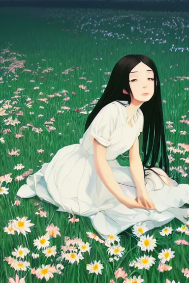 Image similar to little girl with her long black hair dressed in a simple white dress laying down on a flowery field, anime art style, digital art by ilya kuvshinov, inspired by balthus, hd, 4 k, hyper detailed, rear view