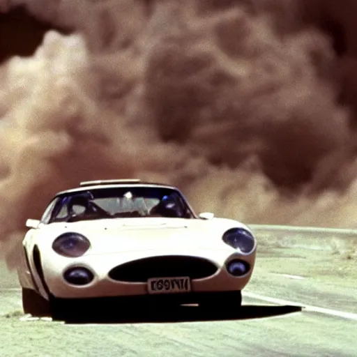 Prompt: car chased by anothrr car which is flying in the sky, movie still of James bond