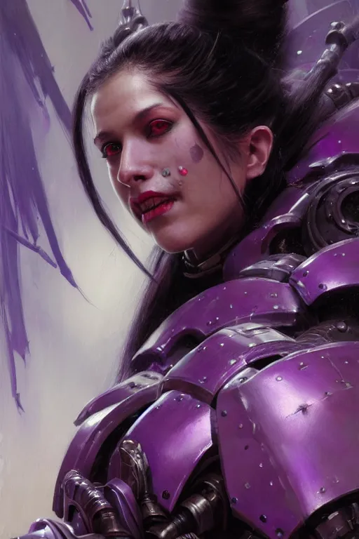 Image similar to extreme close up, facial portrait, woman with a long black ponytail in purple sci - fi armor, kitsune inspired armor, mechanical armor, warhammer 4 0 k, doom, cybernetic hands, stoic, grim dark, moody, portrait dnd, painting by gaston bussiere, craig mullins, greg rutkowski, yoji shinkawa