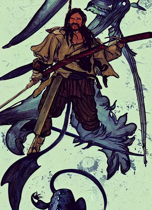 Prompt: the swordsman. fantasy pirate and whaling crew. monstrous whale jumping from sea in background. portrait illustration, pop art, art by ashley wood, alphonse mucha, sam hogg and josan gonzalez. cinematic. dynamic lighting. realistic. creative design. cell shading. ( concept art )