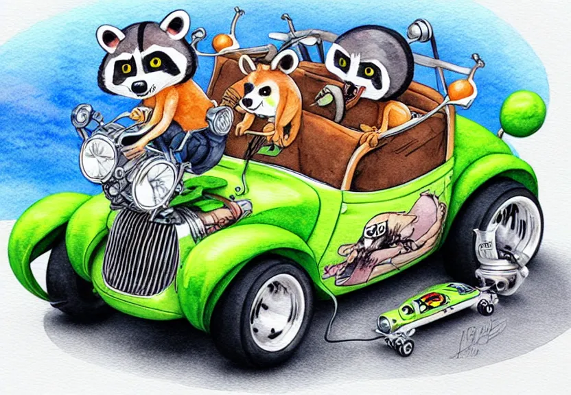 Image similar to cute and funny, racoon riding in a tiny hot rod coupe with oversized engine, ratfink style by ed roth, centered award winning watercolor pen illustration, isometric illustration by chihiro iwasaki, edited by range murata