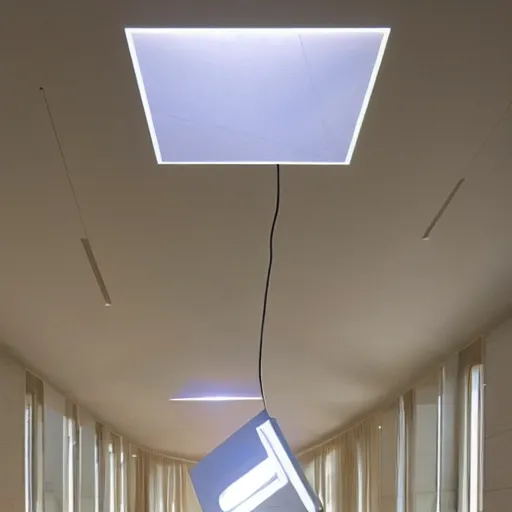 Image similar to a led - strip lamp hanging from the sealing, c, sci - fi look, by frank gehry, concept art