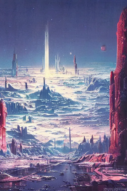 Image similar to a city in an icy landscape, cosmic sky sci - fi vivid by bruce pennington