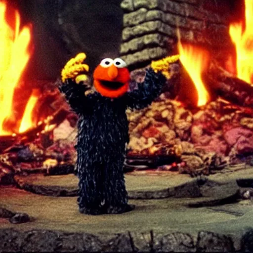 Image similar to “film still of Bert from Sesame Street throwing the one ring into the fires of Mount Doom”