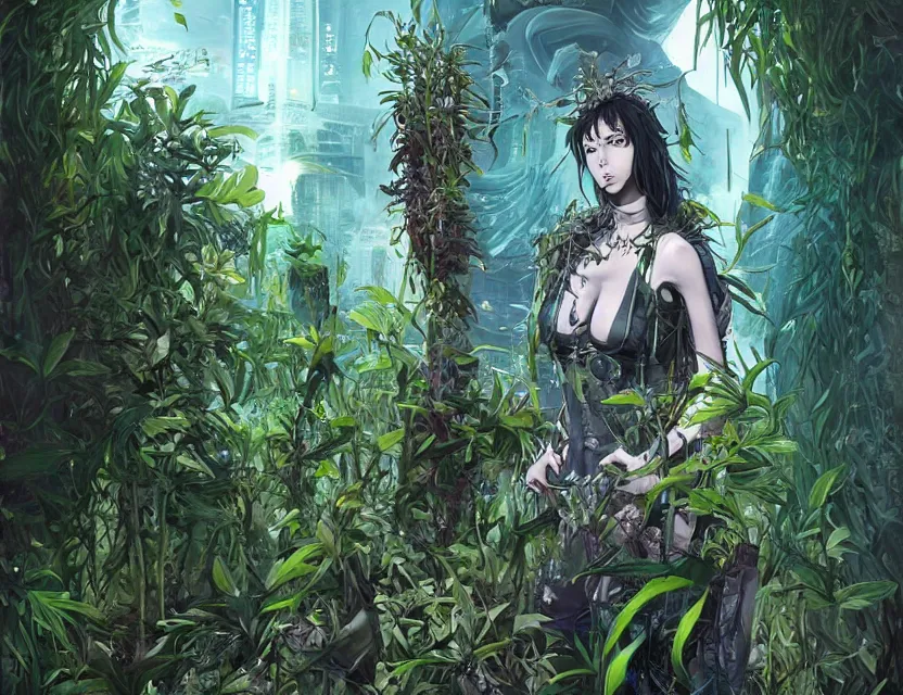 Image similar to the cyberpunk priestess overgrown by plants. this oil painting by the award - winning mangaka has interesting color contrasts, plenty of details and impeccable lighting.