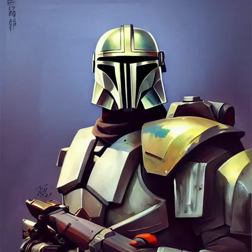 Image similar to greg manchess portrait painting of armored mandalorian reimagined as overwatch character, medium shot, asymmetrical, profile picture, organic painting, sunny day, matte painting, bold shapes, hard edges, street art, trending on artstation, by huang guangjian and gil elvgren and sachin teng