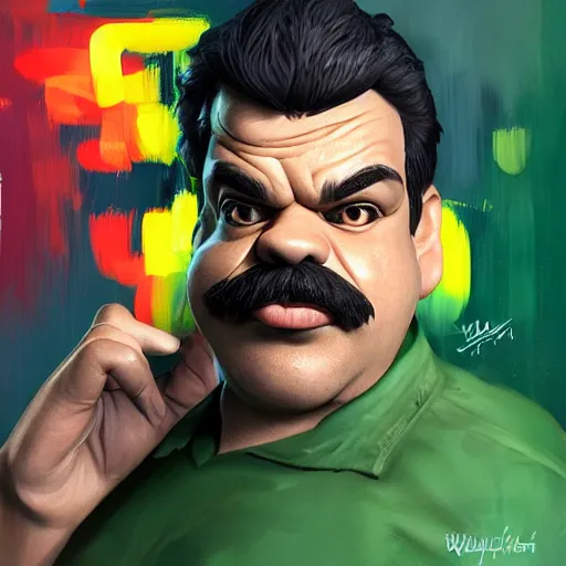 Image similar to caricature, claymation, luis guzman as luigi wearing green, painted by wlop, artgerm, dishonored 2,
