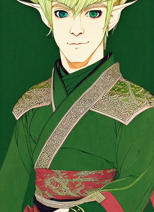 Prompt: half body portrait of a handsome blonde elf male diplomat in green and sliver tunic. detailed, wearing kimono armour, by conrad roset, takato yomamoto, jesper ejsing, masamune shiro