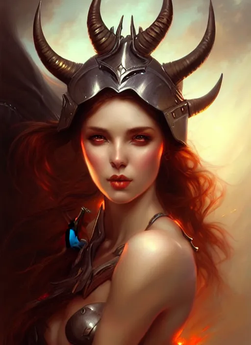 Image similar to a beautiful woman with horns and armor, painted by artgerm and tom bagshaw, fantasy art, dramatic lighting, highly detailed oil painting