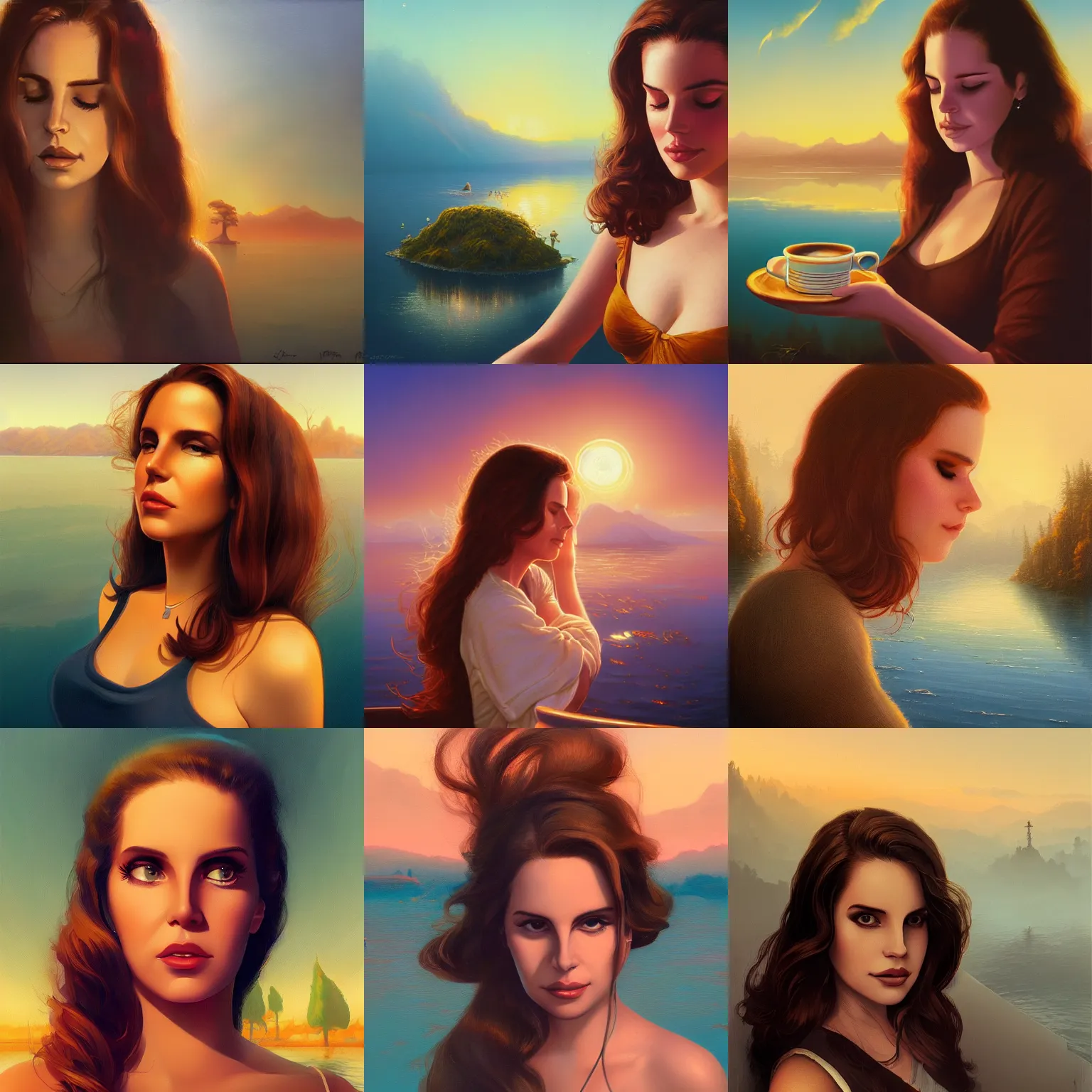 Prompt: close - up portrait of sleepy lana del rey, morning golden hour, steaming coffee, mystical lake view vista, mark brooks, ralph horsley, anton fadeev, paul lehr, rhads, alena aenami