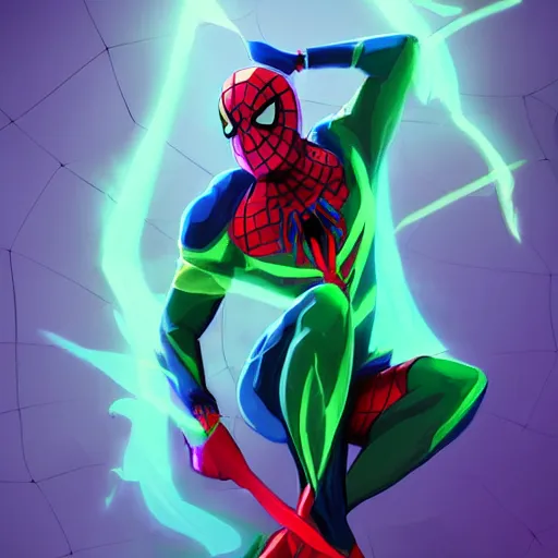 Prompt: splash art of a cool beautiful green and cyan spiderman in a stylish pose in the style of the league of legends splash art, digital art by Michelle Hoefener