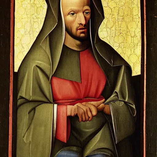 Prompt: Young middle-eastern Almighty God, wearing tracksuit sitting in armchair in poor european apartment. Perfect composition. Very very beautiful painting in style of Hieronymus Bosch, intricate stunning texture and details, fine detailed face. Dramatic lighting