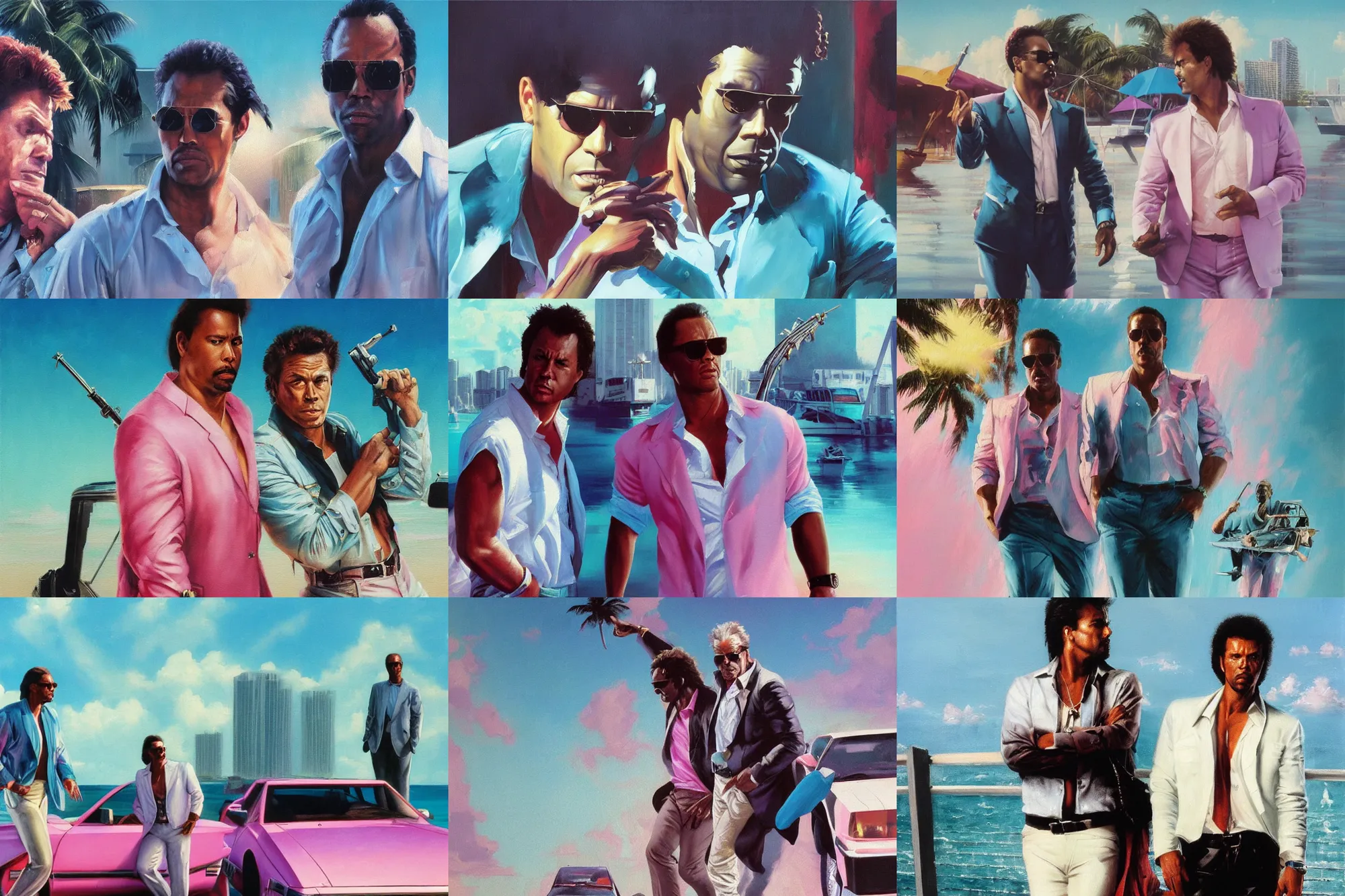 Prompt: an oil painting of crockett and tubbs, eighties miami vice, ultra realistic, highly detailed, brushstrokes, masterpiece, cinematic by frank frazetta, greg rutkowski, beeple, yoko taro, christian macnevin, beeple, wlop, krenz cushart, epic fantasy character art, volumetric lighting, cgsociety, pink and teal