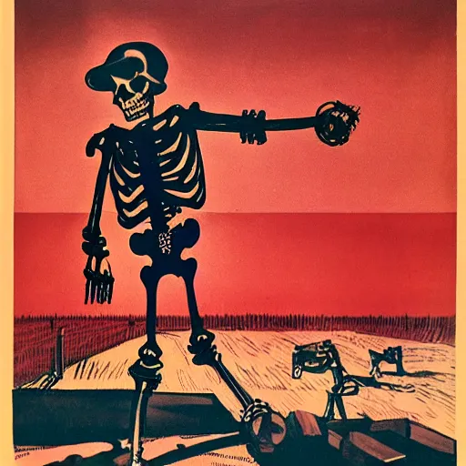 Prompt: a farmer skeleton working his field, soviet propaganda poster