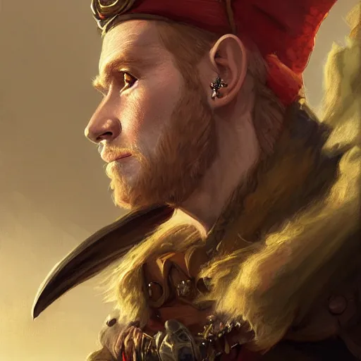 Image similar to portrait of a charming dashing ginger male elf pirate captain wearing tricorne hat, naval background, sunny day, fantasy art by greg rutkowski, intricate, elegant, D&D, award-winning, highly detailed, digital painting, trending on ArtStation, digital art.