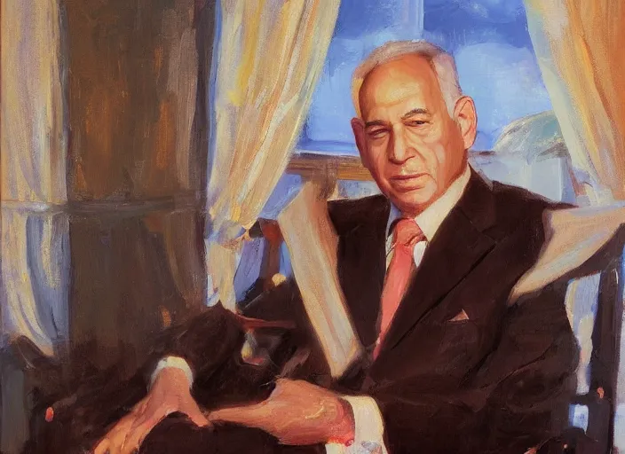 Prompt: a highly detailed beautiful portrait of bibi nethanyahu, by gregory manchess, james gurney, james jean