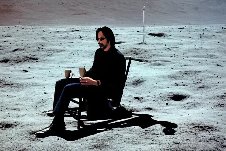 Image similar to Keanu Reeves sitting on a chair and drinking tea and watching the earth on the moon, 4k