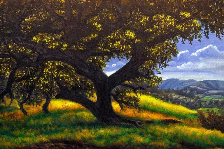 Image similar to masterpiece painting of oak trees on a hillside overlooking a creek, dramatic lighting, by charles santore