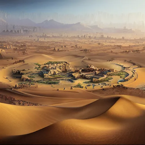 Image similar to a large kingdom in the desert, 8 k fantasy art illustration