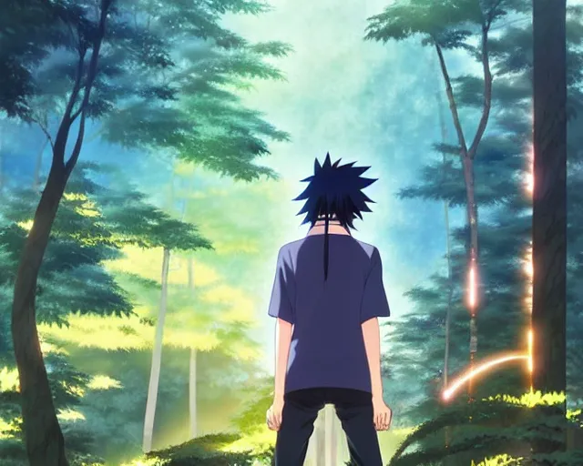 Image similar to sasuke uchiha, forest in background, bokeh. anime masterpiece by Studio Ghibli. illustration, sharp high-quality anime illustration in style of Ghibli, Ilya Kuvshinov, Artgerm