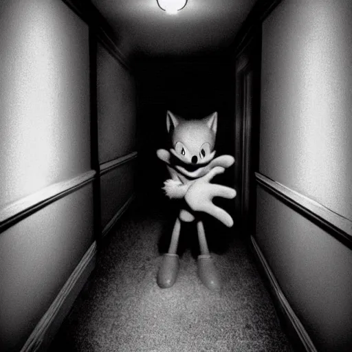 Image similar to sonic the hedgehog, creepy, horror, off - putting, dark, hallway, photo, paranormal