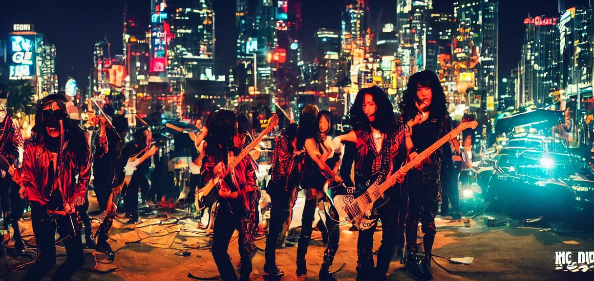 Image similar to The wide shot of disco punk rock Asian band with very long curly dark hair playing on guitars while Godzilla destructs the city and aliens steal their women, top soft box light, night city on the background, flying saucer in the sky, by Lubezki and David Lynch, anamorphic 35 mm lens, cinematic, anamorphic lens flares 4k