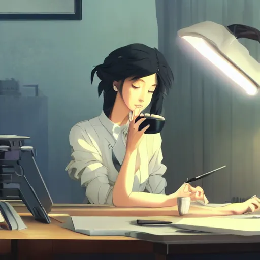 Prompt: beautiful scene render of a person sitting at a desk, looking at monitor, steaming coffee on desk, dimly lit bedroom, perfectly shaded, atmospheric lighting, style of makoto shinkai and peter mohrbacher, studio ghibli. artgerm, karol bak, beeple, animation style, 8 k hd, ultra wide angle, hyper detailed