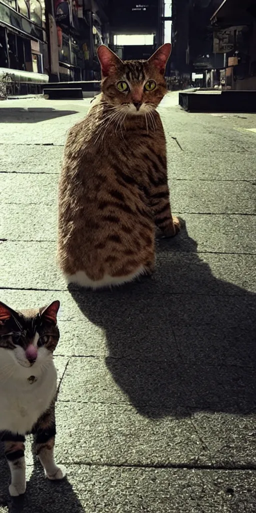 Prompt: “beautiful up close photo of a cat staring toward camera while sitting in the streets of night city’s corpo plaza, cyberpunk 2077”