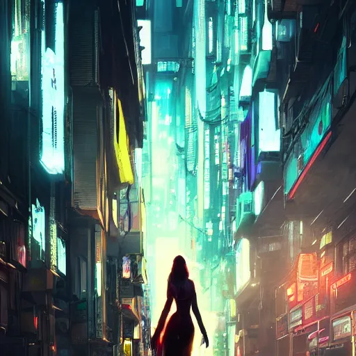 Prompt: a beautiful picture of a girl walking in a cyberpunk street by aurahack and greg rutkowski, low angle shot, cinematic, colorful, trending on artstation